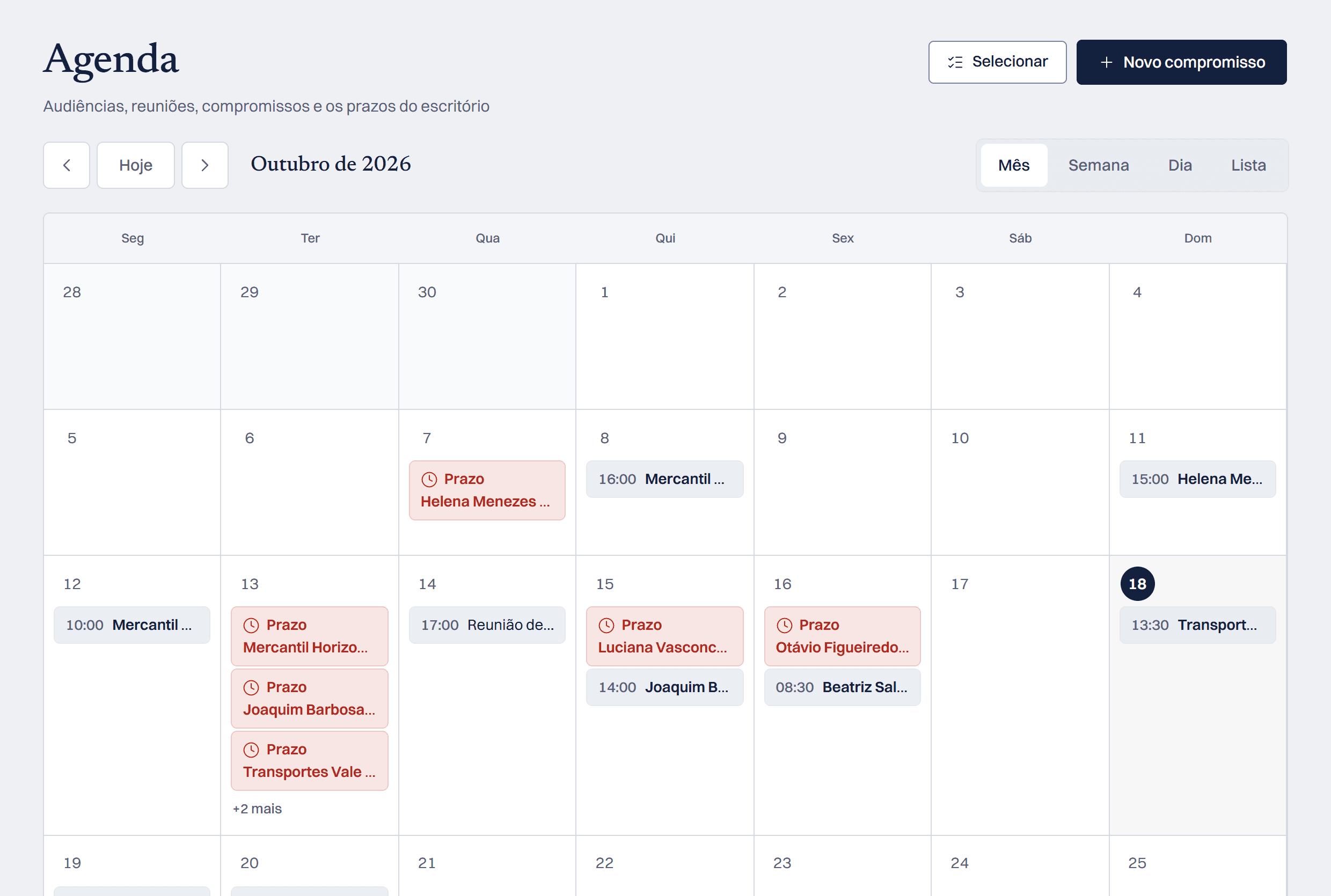 Agenda do mês com prazos e audiências