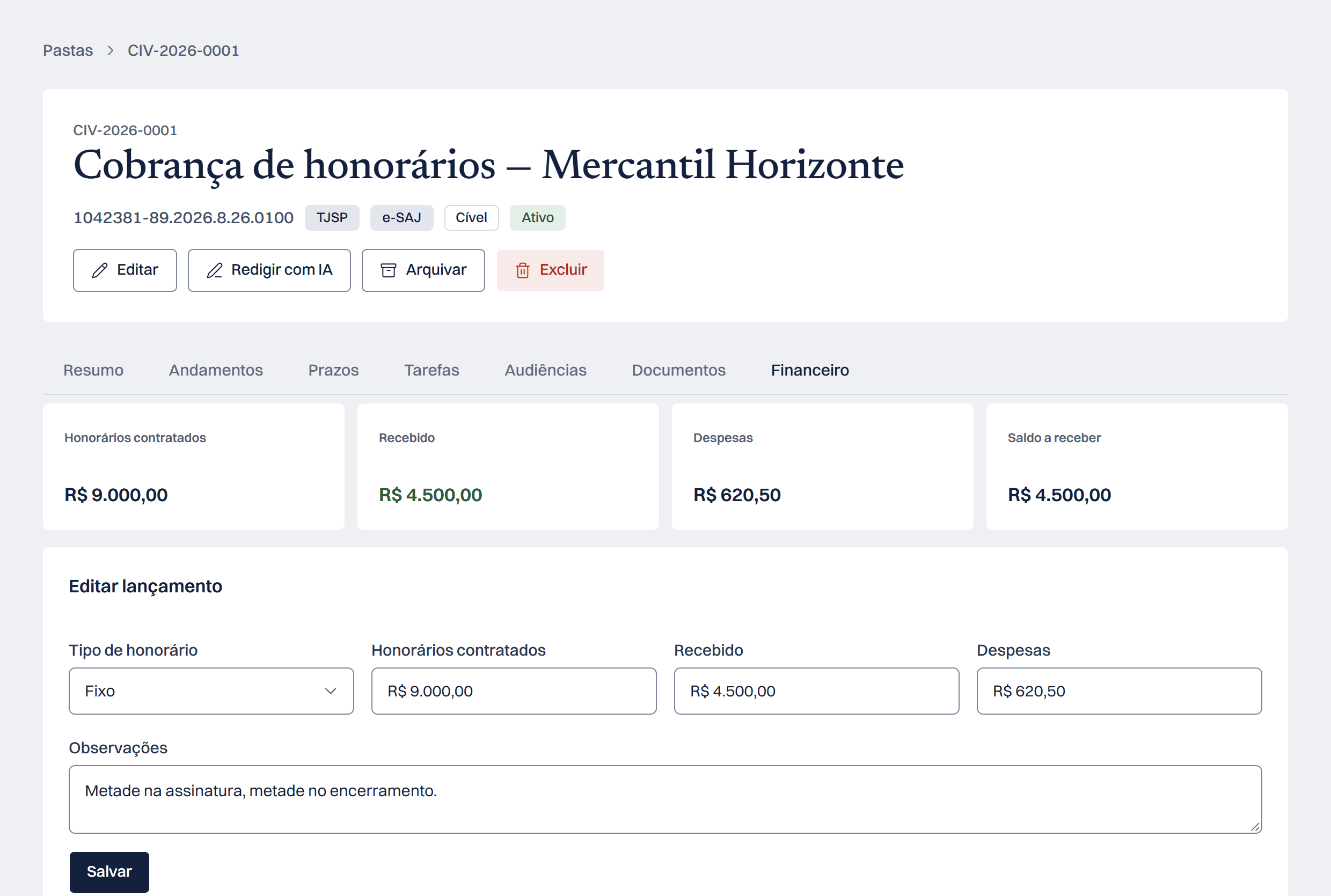 Aba Financeiro de uma pasta, com honorários contratados, recebido, despesas e saldo a receber