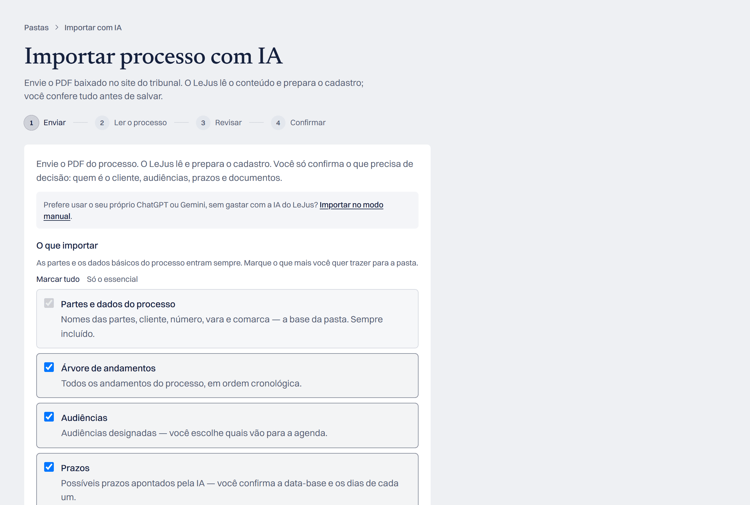 Tela Importar processo com IA, com a escolha do que trazer do PDF do processo