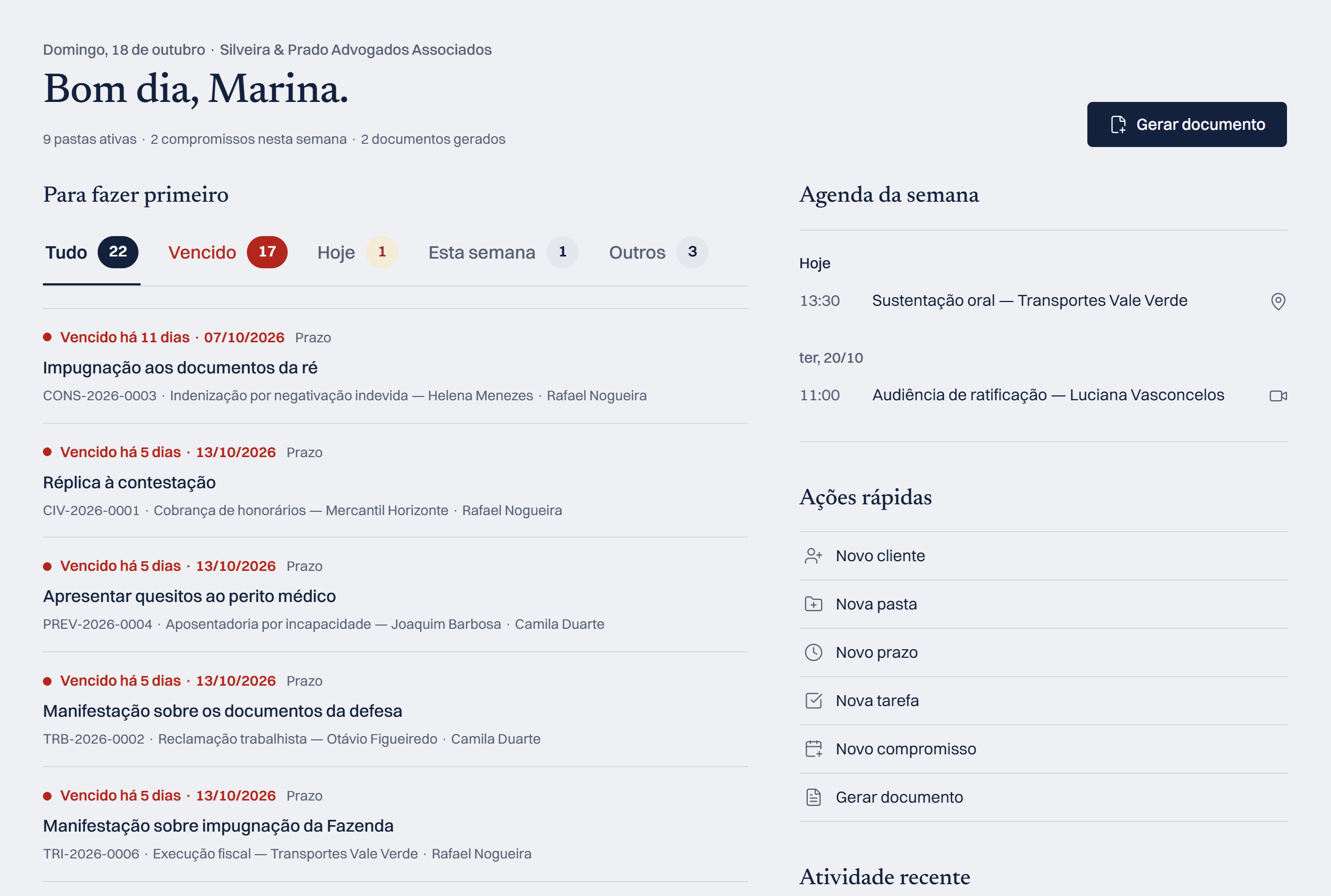 Painel do LeJus com a lista Para fazer primeiro, em abas, e a agenda da semana