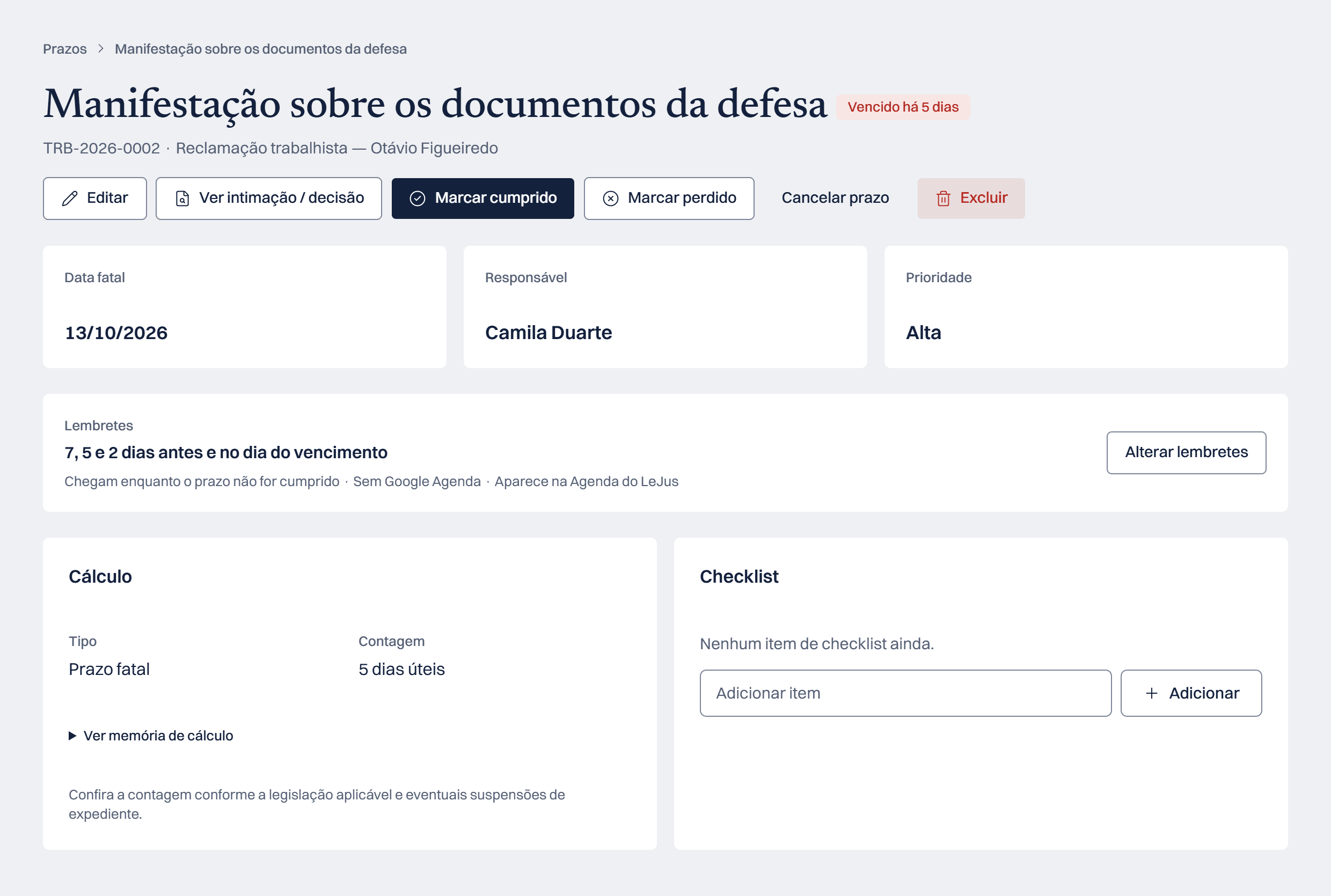 Detalhe de um prazo, com data fatal, responsável, lembretes e cálculo